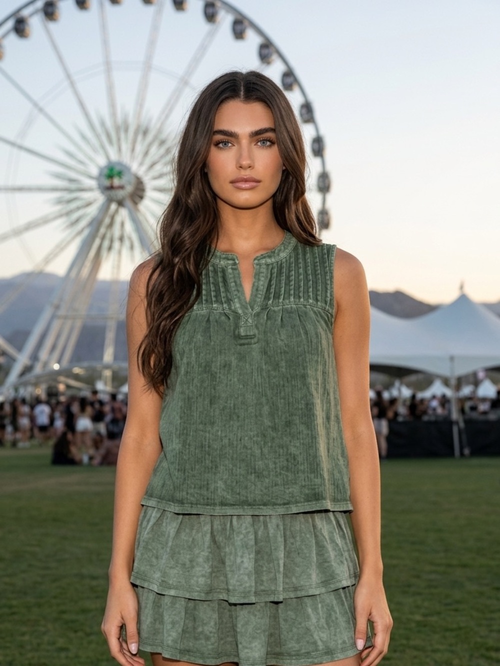 live and let live Small Tiered Olive Green Sleeveless Ruffle blouse